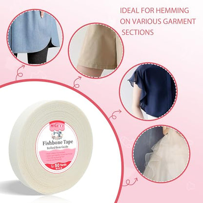 50 Yards Fishbone Rolled Hem Tape Ban Roll Tape for Sewing Narrow Hem Chiffon Fabric Rolled Hem Guide Edge Sewing Tool Fishbone Boning Lining Hemming Tape Sewing Accessories and Supplies - color: beige 50 yards