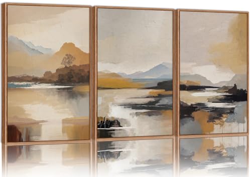 Tinonedraw Beige Abstract Mountain Framed Canvas Wall Art, Mid Century Modern Wall Decor, Rustic Golden Hour Lake Artwork, Neutral Nature Landscape Art Paintings for Living Room Bedroom 16"x24"x3 - color: Abstract Mountains, size: 24L" x 16W"