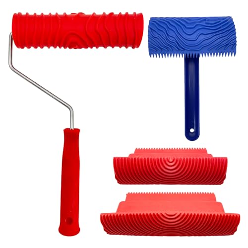4-Pack Wood Grain Tool, Wood Graining Roller Painting Tool with Handle, Rubber Empaistic Wood Texture Painting Tool Set for DIY Wall Room Art Paint Decoration - size: 3pcs+1Roller