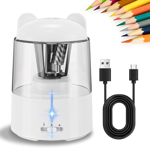 ZMOL Colored Pencil Sharpener, Rechargeable Electric Pencil Sharpener, Auto Stop, Pencil Sharpeners for Battery Powered Cute for Kids Gift No.2/Colored Pencils (6-8mm), Classroom/Office/Home White - color: White