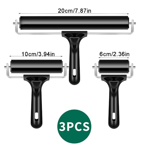 Professional Rubber Brayer Set, 3 Piece Ink Roller Kit with2.36, 3.94, 7.87 Inch Widths, Black Handle, Printmaking and Art Tools