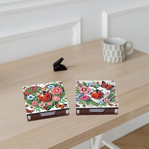 JISHSHAY 2 PCS Diamond Art Note Box Ladybird Diamond Painting Note Pad Holder Animal Gem Painting Gem Art Memo Boxes Mosaic Kits for Adults Embroidery Kit Memo Pad Holder, Contains 120 Sheets of Paper - color: Ladybird