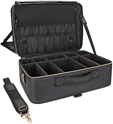 Relavel Extra Large Makeup Case Travel Makeup Bag Professional Leather Artist Bag Portable Cosmetic Brush Holder Organizer Nail Organizer Box with Adjustable Dividers - color: Black Leather, size: Extra Large