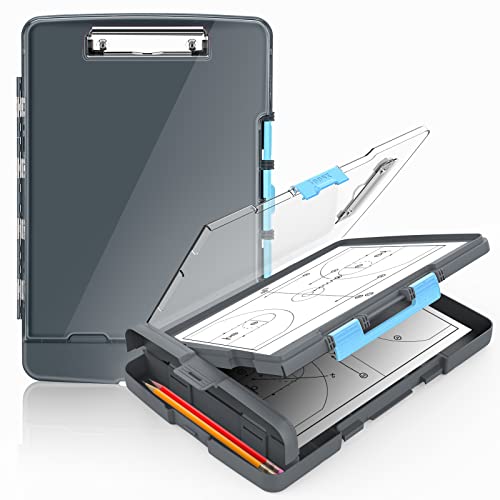 Sooez Original Clipboard with 2 Storage & Pen Holder, Heavy Duty Clip Boards 8.5x11 with Dual Storage, Clearview Dry Erase Coach Clipboard with Real Hinge, High Capacity, School & Office Supplies - color: Gray + Blue