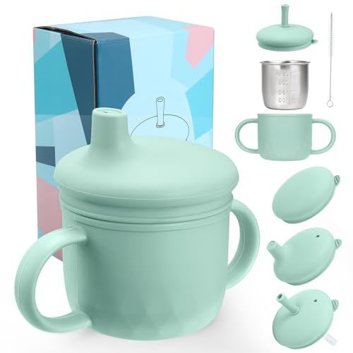 Mity rain 3-In-1 Stainless Steel Sippy Cup for 6+ Month Old, Baby Straw Cups for Toddlers 1-3 with Travel Lid, Silicone Straw, Replacement Straw & Cleaning Brush - 8oz Toddler Cups Spill Proof Set - color: Green
