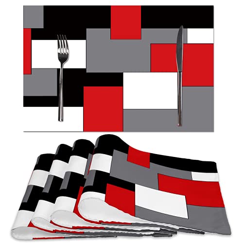 Red Grey Black White Placemats Set of 4,Geometric Square Table Place Mats Waterproof Burlap Washable Dining Placemats for Home Kitchen Decorations (Red Grey Black White, 12" Wx18 L) - color: Red Grey Black White