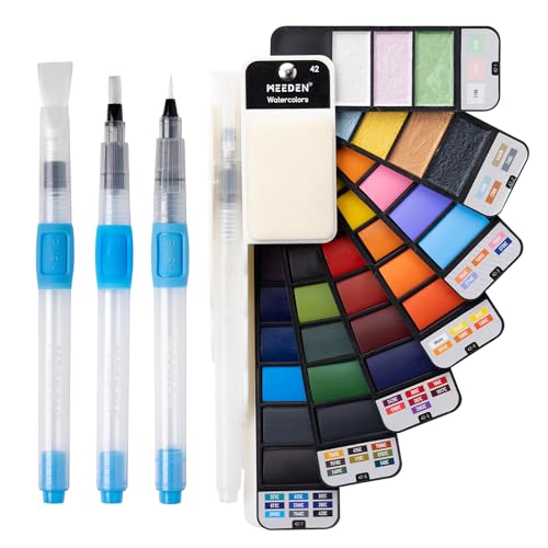 MEEDEN Travel Watercolor Paint Set: 42 Colors Water Color Paint Palette Including 7 Pearlescent and 5 Macarone Colors - color: 42 New Colors, size: 1 Count (Pack of 1)