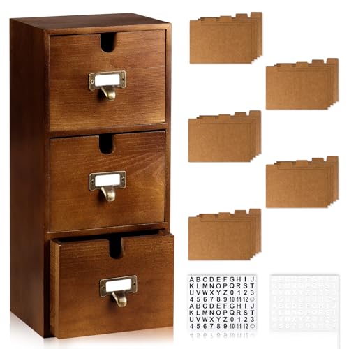DLUGOPIS 3 Tier Index Card Holder 3x5 Wooden Card Catalog Box with 3 Drawers Brown Index Card Storage Box Flash Card Holder 25 Index Card Dividers 2 Letter Smile Stickers for Office - color: Brown, size: 3 Tier 3X5