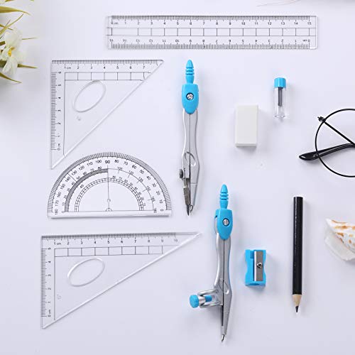 Vobou Math Geometry Kit Sets 10 Piece Student Supplies with Shatterproof Storage Box,Includes Rulers,Protractor,Compass,Eraser,Pencil Sharpener,Lead Refills,Pencil,for Drafting and Drawings（Blue） - color: Blue