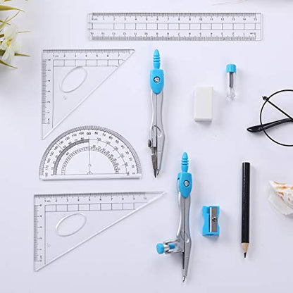 Vobou Math Geometry Kit Sets 10 Piece Student Supplies with Shatterproof Storage Box,Includes Rulers,Protractor,Compass,Eraser,Pencil Sharpener,Lead Refills,Pencil,for Drafting and Drawings（Blue） - color: Blue