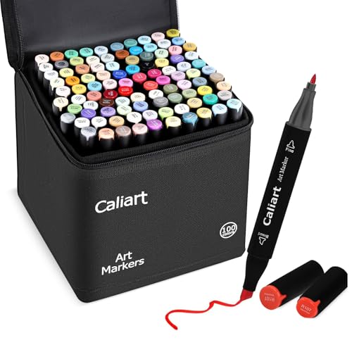 Caliart Markers, 100 Colors Dual Tip Art Markers Sketch Pens Permanent Alcohol Based, with Case for Adults Artists Drawing Illustration Sketching Coloring (Black Barrel) - color: Black, size: 1 Count (Pack of 100)