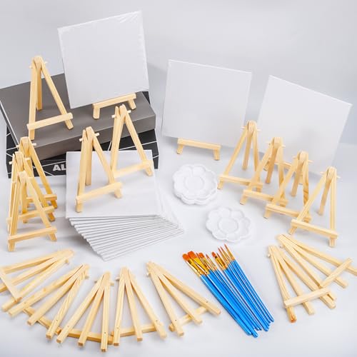 20 Pack Mini Canvas and Easel Set, 5.9 X 5.9 inch Small Painting Canvas Panel with Mini Easel, Mini Canvases with 10 Brushes & 5 Paint Tray,Art Canvases Painting Kit for Birthday Party Favors