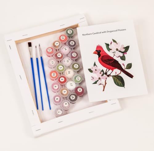 CraftLab Painting Kit - Wild Birds Paint by Numbers for Adults, 24 Acrylic Colors, Canvas, Brushes - color: Cardinal & Dogwood