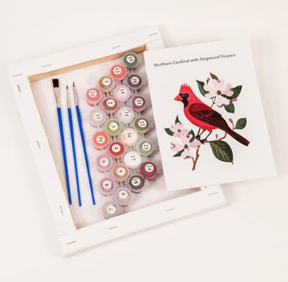 CraftLab Painting Kit - Wild Birds Paint by Numbers for Adults, 24 Acrylic Colors, Canvas, Brushes - color: Cardinal & Dogwood