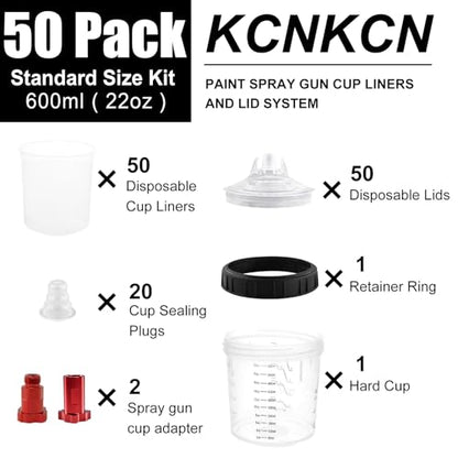 Disposable Paint Spray Gun Sprayer Cup Liners & Lid System, 50 Standard 20 Ounce (600ml) Kit - 190 Mic- 50 Cup Liners, 50 Lids with Strainer, 1Hard Cup with Retainer Ring 20 Plugs,2 Cup Adapter - size: 20 Ounce (190Mic) Kit-50PCS+2 Adapters