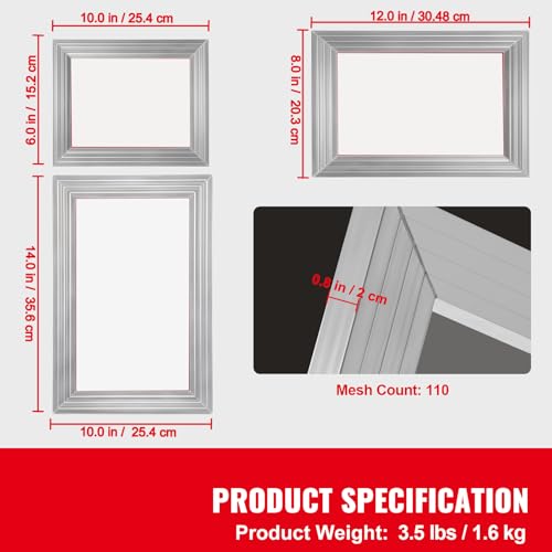 Happybuy Screen Printing Kit, 3 Aluminum Frames, 5 Glitters, Squeegees & Transparency Films, 6x10/8x12/10x14 Inch, 110 Mesh Count for DIY T-Shirt Printing