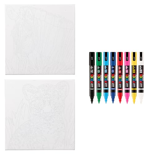 POSCA Canvas Paint by Number Kit, Rainbow Safari - 8 Acrylic Markers with 2 Pre-Drawn Canvases - Gift Set for Artists, Adults and Kids - color: Rainbow Safari