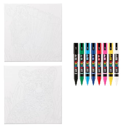 POSCA Canvas Paint by Number Kit, Rainbow Safari - 8 Acrylic Markers with 2 Pre-Drawn Canvases - Gift Set for Artists, Adults and Kids - color: Rainbow Safari