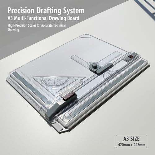A3 Portable Drawing Table Board with Clear Rule Parallel Motion and Angle Adjustable Measuring System, Multi-Function Metric Drawing Board Drafting Table for Engineering Students