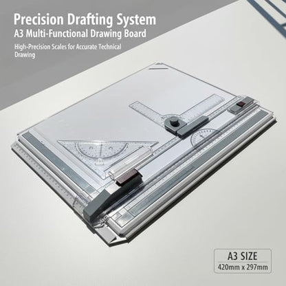 A3 Portable Drawing Table Board with Clear Rule Parallel Motion and Angle Adjustable Measuring System, Multi-Function Metric Drawing Board Drafting Table for Engineering Students