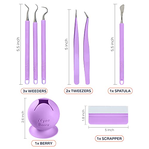 iVyne (8pcs) Premium Vinyl Weeding Tool Kit & Weeding Scrap Collector Soft Grip Tools with Berry, Weeder, Tweezers, Picker Or Hook, and Scraper Set for Silhouette Cameos & HTV - Purple - color: Silicone Tools & Berry Purple
