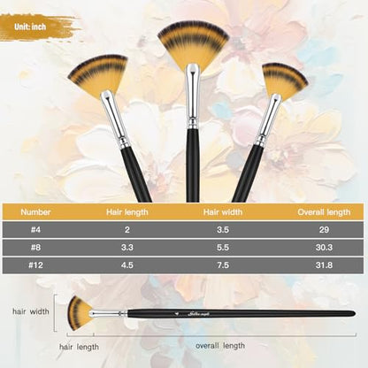 Golden Maple Fan Brushes, 3Pcs Soft Anti-Shedding Nylon Hair, Birch Wooden Long Handle Artist Paint Brush Set for Acrylic Watercolor Oil Painting