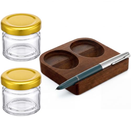 3 Pcs Wooden Tilting Calligraphy Pen Holder with 2 Empty Glass Ink Bottle 4 Inch Calligraphy Oblique Nib Holder Stand Base with Dual Slot Design Desktop Tabel Decoration for Dip Pen