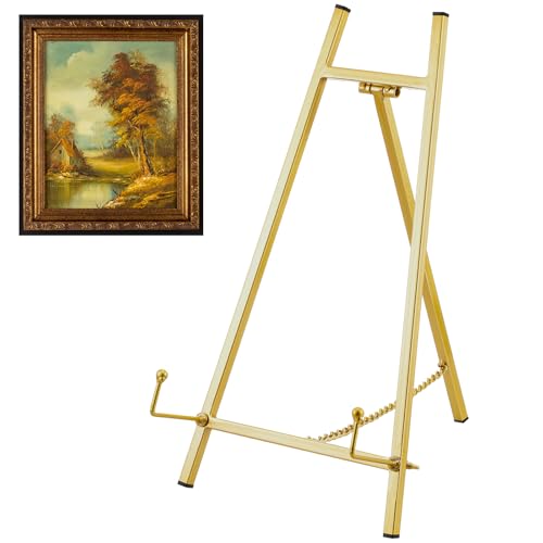 Leinuosen Metal Easel Stand 16.5" H x 8.7" W x 4.3" D Table Top Easel Stand for Display Tripod Art Picture Mirror Modern Plate Holder for Display Book Photo Wedding Sign(Gold,1 Pcs) - color: Gold