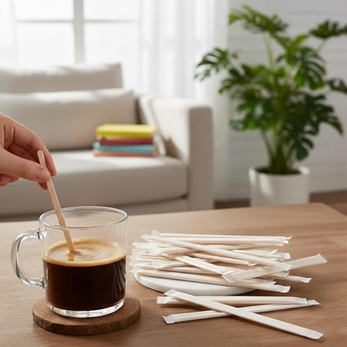 Guyuyii 300 Pcs 5.5" Coffee Stirrers Individually Wrapped with Storage Box | Wooden Stir Sticks for Offices, Coffee Bars, Cafes | Paper Wrapping, Compatible with Hot Drinks, Cold Drinks, Cocktails - size: 5.5 Inch (300 Count）