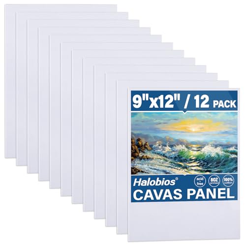 Halobios 12-Pack 9x12 inch Canvas Boards for Painting, Canvas Panels for Kid & Adults 100% Cotton Gesso Primed Art Painting Supplies for Acrylic, Oil, Tempera & Watercolor - size: 12 Packs-9x12IN