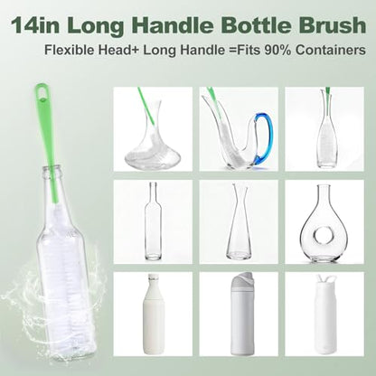 XYFuuee 5 Pack Bottle Brush Set, 5 in 1 Water Bottle Cleaning Brush, Long Handle Narrow Wine Cup Cleaner, 3 Straw Brushes for Stanley, Travel Nipple Lid Gap Detail Washer Brush - color: Green