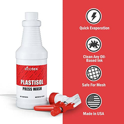Rapid Cure® White Plastisol Ink (8 oz.) and Ecotex® Plastisol Press Wash (Pint - 16 oz.) - Ink for Screen Printing Fabric, Screen Printing Cleaner/Degreaser - Silk Screen Press Wash/Plastisol Ink - color: White