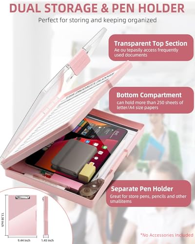 Clearview Clipboard with 2 Storage, Dry Erase 8.5x11 Heavy Duty ClipBoards - High Capacity Coaches Clip Board with Pen Holder - Side Opening Plastic Nursing Clip Case (Pale Pink) - color: Pale Pink