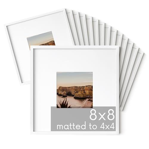 HAUS AND HUES 8x8 White Metal Picture Frames Matted to 4x4 - Features Premium Aluminum & Hanging Hardware, Shatterproof Plexiglass - Ideal for Home, Room, Office (8x8 in, White, Set of 15) - color: White Metal, size: 8x8 in, style: Set of 15