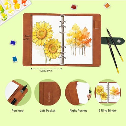 Lightwish Watercolor Sketchbook Refillable 100% Cotton, 300gsm (140lb) - 6.69" x 3.94" Hot Press Watercolor Paper Journal Notebook - 20 Sheets with PU Leather Cover for Drawing Mixed Media - color: green