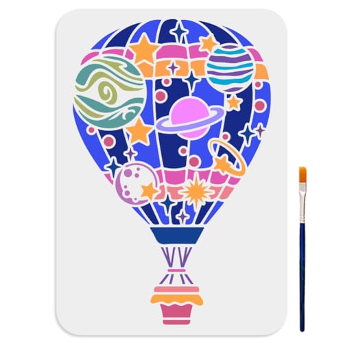 MAYJOYDIY Hot Air Balloon Universe Stencil 11.7×8.3inch Large Planet Space Theme Template with Paint Brush World Travel Solar System Planets Drawing Stencil for Wall Furniture Decor DIY Art Crafts - color: Hot Air Balloon Universe