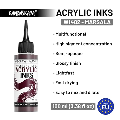 KAMENSKAYA Acrylic Inks for Artists - Marsala Acrylic Ink, 3.38 Fl Oz (100 ml) - color: Marsala