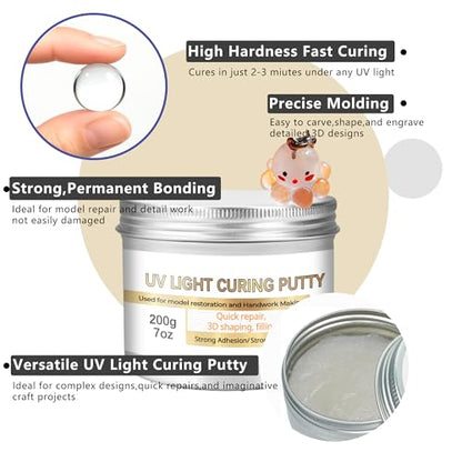 200g UV Light Curing Putty – Fast-Cure Model Repair & Detailing, Multi-Purpose Adhesive for Crafts, 3D Print Fixes, Sandable & Durable, Easy to Use for Pros & Hobbyists (7oz) - size: 7oz