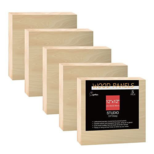 Cupohus Unfinished Birch Wood Boards Canvas for Painting, 5 Packs 3/4'' Deep Cupohus 12'' x 12'' Wooden Cradled Panels for Pouring Art, Crafts, Paints and More - size: 12" x 12"