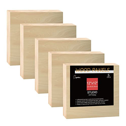 Cupohus Unfinished Birch Wood Boards Canvas for Painting, 5 Packs 3/4'' Deep Cupohus 12'' x 12'' Wooden Cradled Panels for Pouring Art, Crafts, Paints and More - size: 12" x 12"