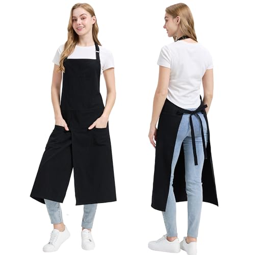 Molaxhome Split Apron with 3 Pockets,Unisex Pottery Apron with Adjustable Strap for Kitchen Ceramics - color: Black