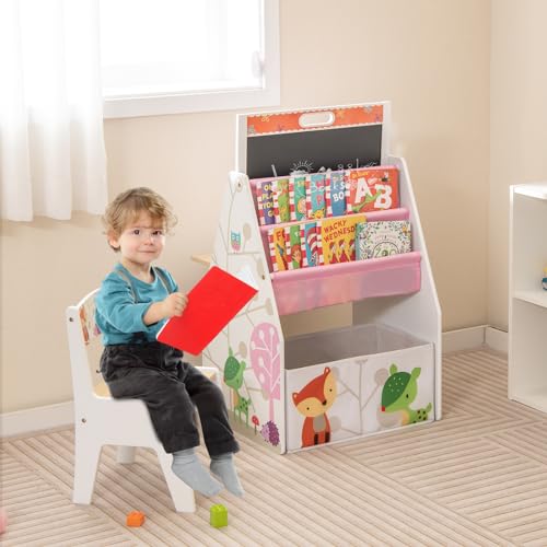 HONEY JOY Kids Art Easel, Wooden Double-Sided Toddler Table & Chair Set w/Adjustable Magnetic White Board & Chalkboard, Bookshelf & Storage Bin, Arts & Crafts, Kids Art Table for Boys Girls (White) - color: White