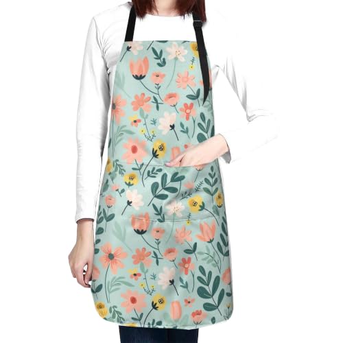 Cream Pastel Wildflower Art Waterproof Apron with Pockets | Garden Aprons for Men Women Adjustable Bib Apron for Cooking Kitchen Baking BBQ Painting Housework Oil Resistant - color: Pastel Garden Print