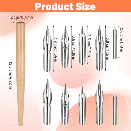 11 PCS Dip Pen Nibs, Calligraphy Nibs with Wooden Pen Holder, Dip Pens Nib Oblique Calligraphy Pens for Drawing Sketching Writing Ink Signing