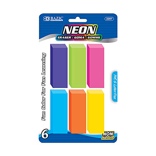 BAZIC Products Neon Bevel Block Erasers, Latex-Free, PVC-Free, 24-Box | neon beveled block erasers; soft latex-free; PVC-free rubber; Clean erase; smudge-resistant; school; home; art - color: 6-count, size: 24-Pack