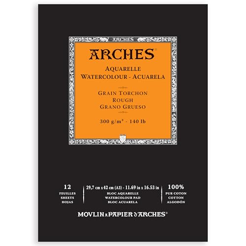 Arches Watercolor Pad 11.69x16.53-inch - Natural White 100% Cotton Paper - 12 Sheet Arches Watercolor Paper 140 lb Rough Pad - Arches Art Paper for Watercolor Gouache Ink Acrylic and More - size: 11.69"x16.53", style: Rough