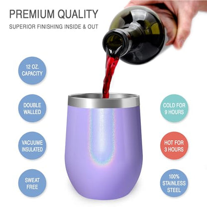 CHILLOUT LIFE 12 oz Stainless Steel Wine Tumbler with Lid - Double Wall Vacuum Insulated Wine Cup Glass Keeping Cold & Hot for Coffee, Champagne, Cocktails, Ice Cream - Purple Sparkle - color: Purple Sparkle, style: 1 Pack