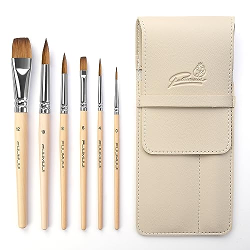 Sable Travel Watercolor Brushes, Fuumuui 6pcs Kolinsky Sable Watercolor Travel Brushes with Short Handles - Detail Liner Pointed Round Flat Wash Mop for Watercolor Gouache Ink Painting - color: Natural Wood