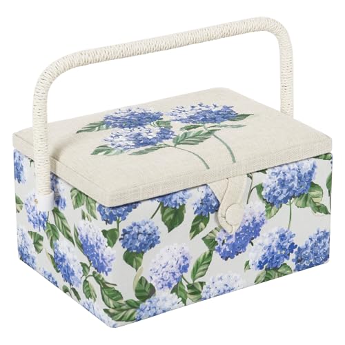 Hobby Gift Medium Sewing Box Organiser, Fabric Covered Storage Box with Handle, Internal Tray, Pin Cushion and Pocket for Sewing, Quilting and Knitting Supplies - color: Blue Hydrangea