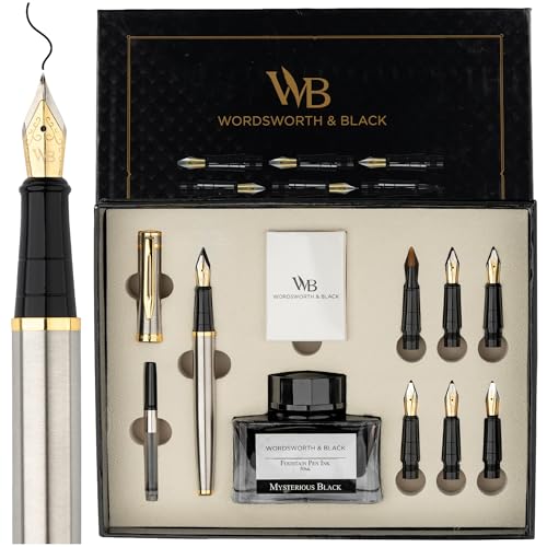 Wordsworth & Black Calligraphy Pen Gift Set, Includes Bottle, 6 Cartridges, Refill Converter, 6 Replacement Nibs, Premium Package, Journaling, Smooth Writing Pens [Silver Gold] - color: Silver Gold